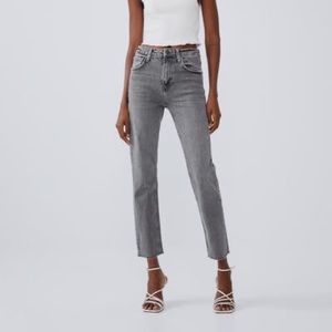 Grey Zara straight leg jeans, raw hem, US 4